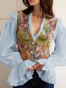 Aveloria Rosie Blouse à manches extra longues avec col à volants en contraste, en tissu jacquard mode, patchwork en faux tencel, pour le début de l'automne - Bleu azur - Voir 3