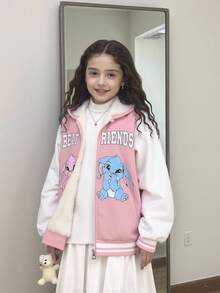 SHEIN Girls'light Pink Cute Cartoon Print Zipper Jacket,Winter Plush Inside Loose Comfortable Jacket For School,Back-To-School Soft Spliced Outerwear - Pink - View 3