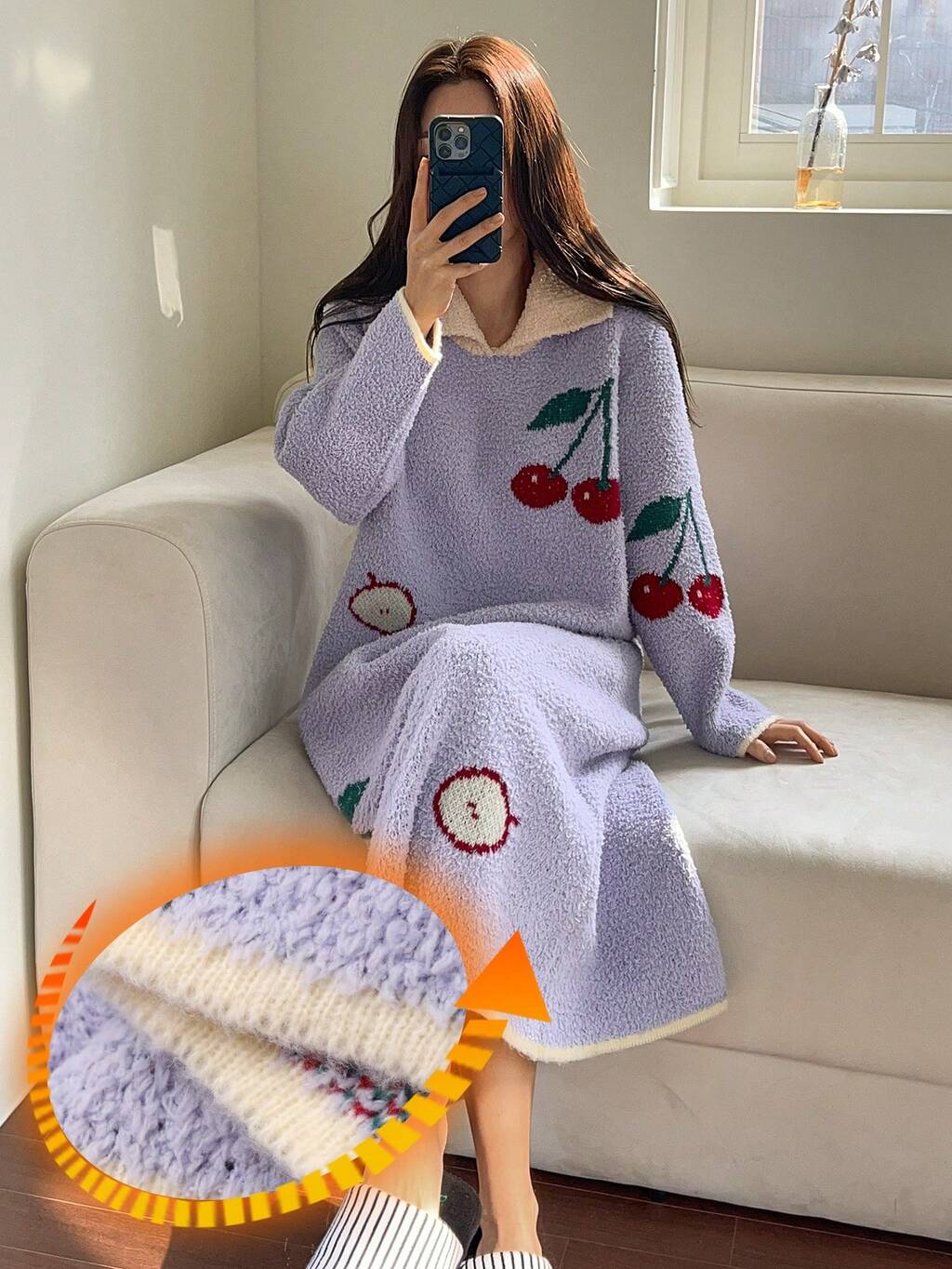Cherry Pattern Contrast Color Lapel Loose Long Sleeve Knitted Nightgown, Women Autumn/Winter Sleepwear Dress, Moo Moo Night Dress