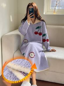 DAZY Cherry Pattern Contrast Color Lapel Loose Long Sleeve Knitted Nightgown, Women Autumn/Winter Sleepwear Dress, Moo Moo Night Dress Pajamas - Blue - View 1