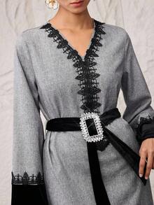 Al Najma Women's Elegant Arabic Style Dress,Dubai Luxury Embroidered Color Block Abaya With Belt,Flare Sleeve Party Abayas For Women - Grey - View 6
