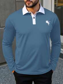 Manfinity Homme 加大码男士休闲撞色领长袖Polo衫，秋季款 - 霧霾藍 - 查看 3