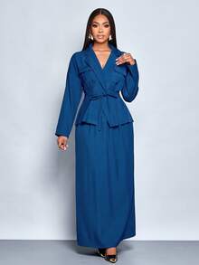 SOLERSUN Elegant Commuter Waistline Suit Tie Jacket And Skirt Two Pieces Set For Autumn And Winter - Blue - View 5
