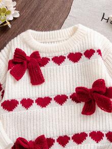 SHEIN 新款时尚百搭可爱女童爱心蝴蝶结针织毛衣套装 - 紅色 - 查看 3