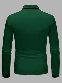 Manfinity Homme 男士休闲日常撞色纽扣半开襟长袖 Polo 衫，秋季男士长袖 Polo 衫，男士翻领衬衫，男士绿色衬衫，绿色男士休闲绿色衬衫 - 墨綠色 - 查看 2