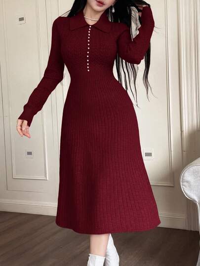 Feyla Women's Solid Color Fitted Long Sleeve Collared Casual Knit Sweater Dress, Versatile & Elegant Autumn Winter Clothes For Women