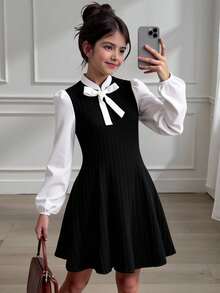 SHEIN Váy ngắn tay dài họa tiết chắp vá phong cách thường ngày cho bé gái tuổi teen Streecool - màu đen - Xem 1