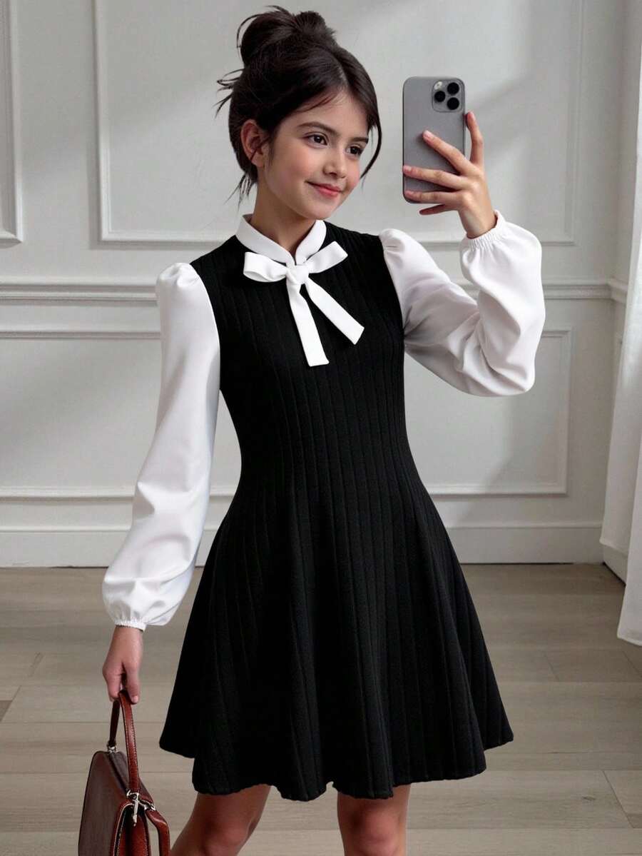 SHEIN Váy ngắn tay dài họa tiết chắp vá phong cách thường ngày cho bé gái tuổi teen Streecool - màu đen - Xem 1