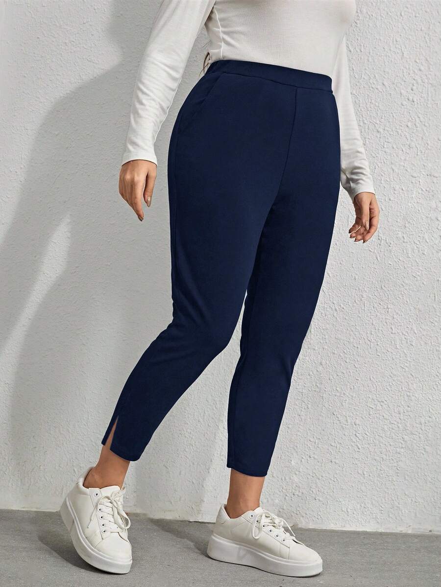 EMERY ROSE Plus Size Women High Waist Pockets Skinny Casual Pants - Navy Blue - View 1