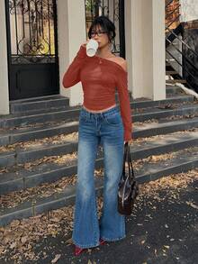 Flirla Autumn Fashion Solid Color Asymmetric Collar Fitted Cropped T-Shirt - Red - View 3
