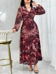 Modelyn 女式花卉印花扭纹设计灯笼袖优雅连衣裙 - 酒紅色 - 查看 3