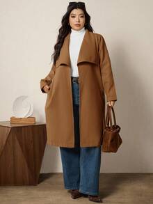 SHEIN LUNE Plus Size Solid Color Minimalist Long Sleeve Woolen Sweater, Everyday Wear/Winter - Brown - View 4