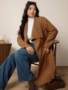SHEIN LUNE Plus Size Solid Color Minimalist Long Sleeve Woolen Sweater, Everyday Wear/Winter - Brown - View 11