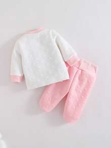 2pcs/Set Piyama Bayi Perempuan Baru Lahir Warna Pink Muda, Piyama Lengan Panjang Motif Hati & Kelinci Lucu Musim Gugur dengan Celana, Set Pakaian Seragam Keluarga - Baby Pink - View 2