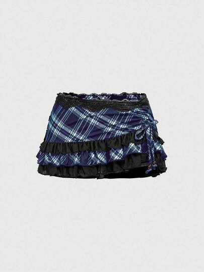 ROMWE Avant Jupe mini asymétrique en style rétro universitaire avec motif en dentelle et patchwork pour femmes