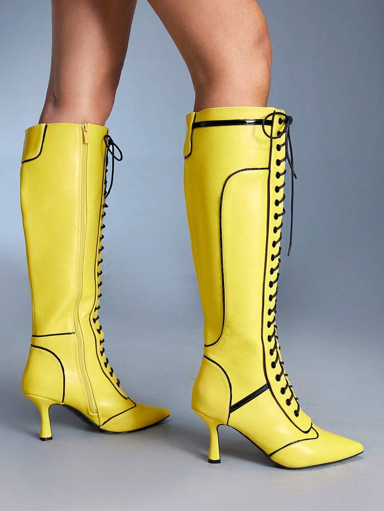 CUCCOO GRLICON Women's Pointed Toe Lace-Up Black & White Contrast Design Knee-High Boots, Suitable For Christmas, New Year's Eve Party, Date Night, Spring Casual Wear, Halloween, Racing Style, Y2K Style