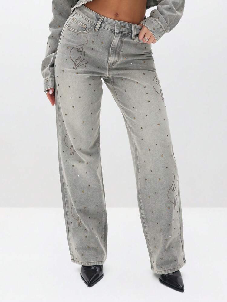 BABYPHAT Gemstone Embellished Vintage Wash Baggy Denim Jeans With Heart Print And Polka Dot Pattern Wide Leg Fall Winter