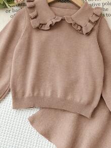 SHEIN Young Girl Casual Solid Color Ruffle Collar Long Sleeve Sweater And Knitted Mini Skirt Set, Autumn/Winter - Camel - View 6