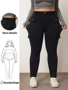 Enliva Plus High Waist Flap Pocket Skinny Stretchy Jeans, For Apple Rounded Body Shape - Black - View 5