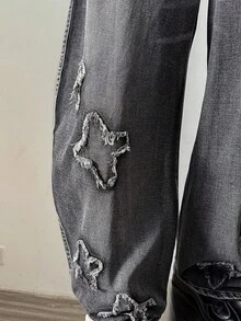 Manfinity Hypemode Manfinity Streetrush Men's Casual Street Fashionable Low Waisted Raw Edge Star Pattern Loose Wide Leg Jeans Going Out Hang Out College Vacation Street, Emo Style, Grunge - Black - View 4