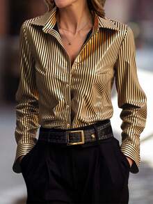 Balvessa Women's Fashion Commuter Foil Striped Elegant Blouse - Black and Gold - View 1