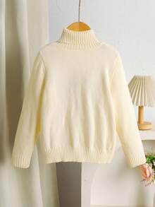 SHEIN LMoss Kids 年轻女孩纯色立领修身休闲毛衣 - 米色 - 查看 2