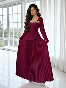 Rafferiza Váy cổ vuông dành cho nữ với dây đai vàng, eo bó, viền không đều và viền xếp ly lớn, xung quanh là váy màu đỏ rượu hoặc đỏ tía, váy dự tiệc cho trang phục buổi tối và trang phục ngoài trời, thời trang và thanh lịch, phù hợp để mặc hàng ngày, đám cưới, tiệc chiêu đãi, đi làm hàng ngày, tiệc tốt nghiệp, sự kiện lễ hội, kỳ nghỉ, hẹn hò, tiệc tùng, Halloween, Giáng sinh, năm mới và lễ tạ ơn - Màu Đỏ Sâu - Xem 7