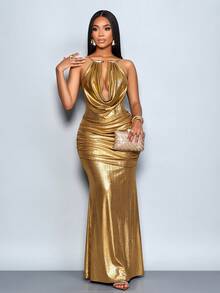 SOLERSUN 女士优雅金属色高领露背吊带褶皱闪亮面料修身美人鱼长裙，适合下午茶、聚会、时尚外出、约会、甜蜜外出、夜生活、圣诞派对、新年夜、节日装扮、性感女装、夜店装扮，也适合圣诞派对度假和情人节约会。 - 金色 - 查看 7