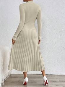 RosyDaze Váy dệt kim cổ đứng màu trơn thanh lịch, Thu/Đông - Màu be - Xem 2