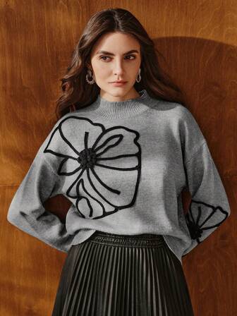 Anewsta كنزة صوفية نسائية كاجوال يدوية الصنع بتطريز زهري ثلاثي الأبعاد، مناسبة للخريف والشتاء، أنيقة، مريحة، رسمية، للحفلات، عصرية، لرأس السنة، عيد الميلاد، العمل، التخرج، الزفاف