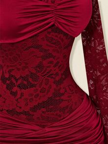 SHEIN ICON 女士优雅性感纯色蕾丝拼接迷你连衣裙 - 酒紅色 - 查看 7