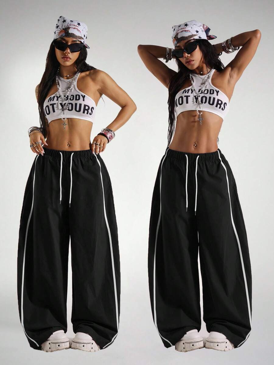 StreetHx Women's Loose Fit Drawstring Waist Contrast Color Sports Barrel Leg Pants - Black - View 1
