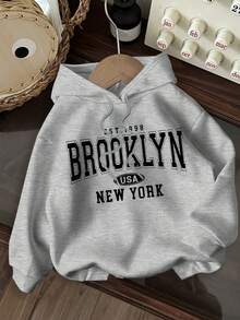 SHEIN CURVE+ Plus Size Casual Minimalist New York Brooklyn Graphic Sweatshirt, Loose Fit Long Sleeve Sweatshirt For Women In Fall/Winter - Grey - View 3