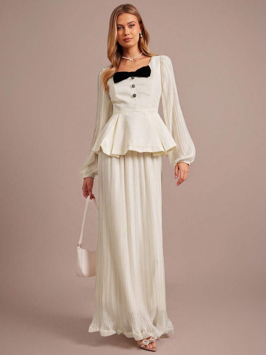 Enchnt Women's 2-Piece Set Elegant Black And White Bow Decor Lantern Sleeve Ruffle Hem Top&Midi Pleated Skirt,Autumn Wedding Guest Commuting Outfit - Apricot - View 1