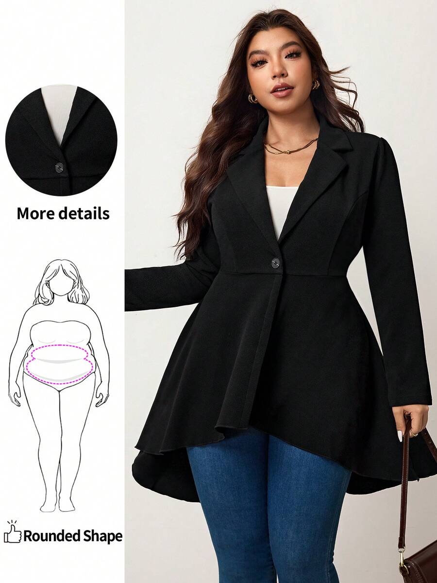 Enliva Blazer con cuello de solapa, un botón y bajo asimétrico para mujeres, ideal para graduaciones, regreso a clases y atuendos de maestras en otoño/invierno - Negro - Ver 1