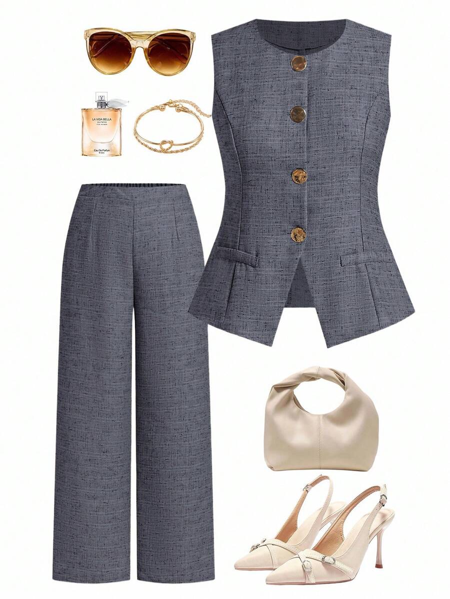 Ellevyn Bộ 2 món áo không tay và quần dài màu trơn cỡ lớn - Màu xám đen - Xem 1