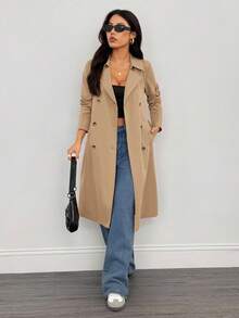SHEIN PETITE 女士复古长袖风衣，冬季，新年夜，商务长款外套风衣 - 卡其色 - 查看 3