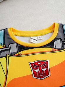 Transformers X SHEIN Bộ đồ ngủ bó sát in họa tiết công nghệ 3D cho bé trai cổ tròn tay dài và quần dài - Màu vàng - Xem 4