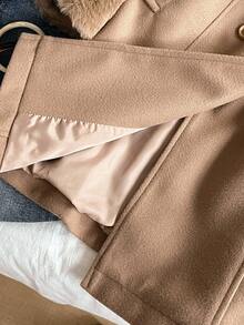SHEIN Elegant & Refined Coat For Teen Girl Patchwork Fluffy Belted Slim Long Coat For Commuting & Outdoor, Luxurious Jacquard Fluffy High-End Fashion Coat - Khaki - View 3