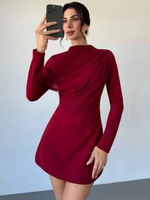 Firerie Women's Burgundy Turtleneck Knit Contrast Mesh A-Line Mini Dress, Long Sleeve Dress, Asymmetrical Mesh Ruffle Collar Dress, Elegant For Spring, Autumn, Winter, Suitable For Commute, Date, Party, Wedding, Graduation, Performance, Work, Birthday - Burgundy - View 2