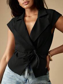 MISSGUIDED Sleeveless Wrap Style Waistcoat Top With Lapel Collar And Tie Belt Closure - Black - View 6