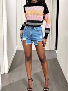 BamGleam Áo len nữ tay dài, cổ tròn, nhiều màu ombre, chất liệu mềm mại, dáng rộng, phong cách retro tối giản, thích hợp mặc mùa đông. - Nhiều màu - Xem 3