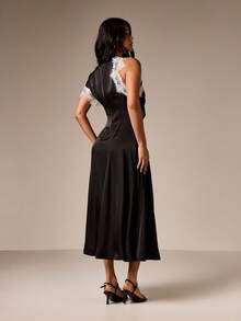AiiRZ Vestido midi assimétrico de cetim com detalhes em renda, cintura franzida e pregas, ideal para ocasiões especiais como casamentos, festas e eventos noturnos. - Preto - Ver 2