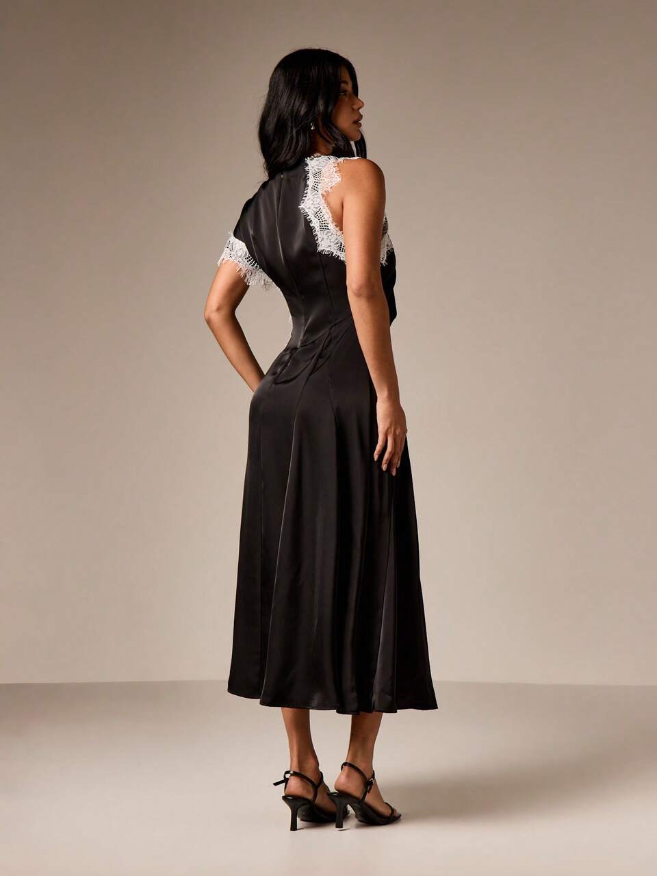 AiiRZ Elegant Lace Trim Asymmetrical Satin Midi Dress With Blouson Waist And Tuck Detailing For Special Occasions Wedding Guest Party Evening