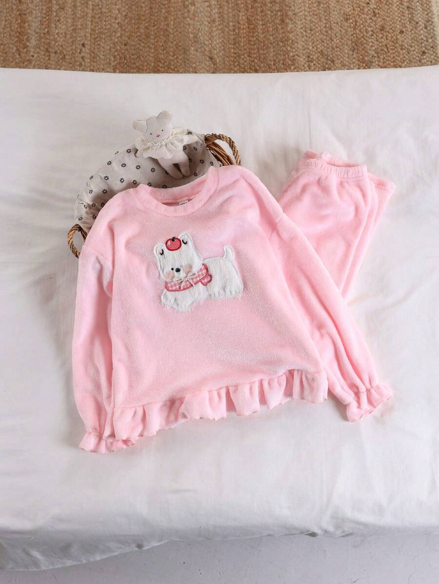 女童可爱小狗图案休闲柔软两件套家居服,长袖上衣和裤子,简约时尚,粉色 - 粉色 - 查看 1