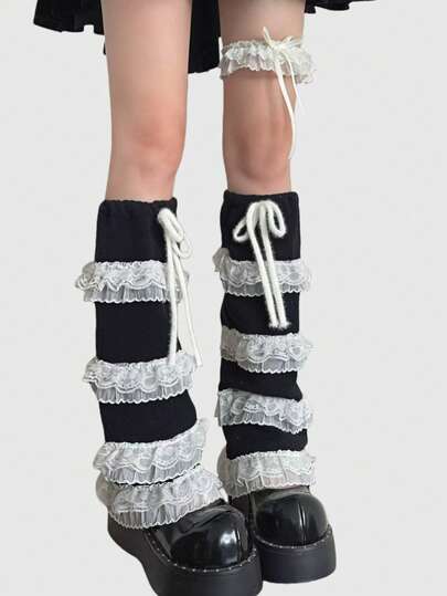 Kawaii 1 Coppia di Scaldamuscoli Vintage Stile Y2K Baddie Multistrato in Pizzo Patchwork con Fiocco, Giarrettiere Stile Minimalista Lolita Adatte per Uso Quotidiano, Scuola, Festival Musicali, Feste, Appuntamenti, Shopping e Altro