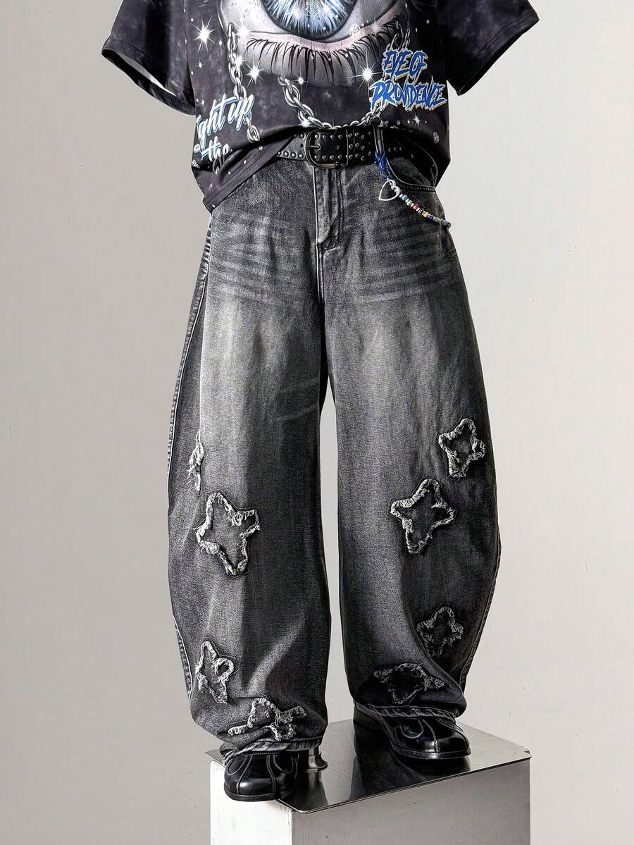 Manfinity Hypemode Manfinity Streetrush Men's Casual Street Fashionable Low Waisted Raw Edge Star Pattern Loose Wide Leg Jeans Going Out Hang Out College Vacation Street, Emo Style, Grunge - Black - View 1