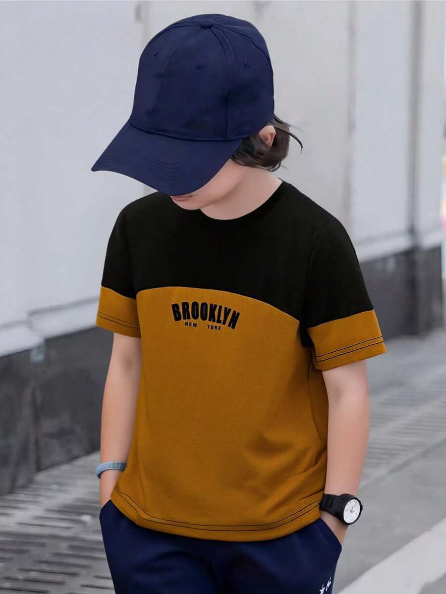 SHEIN Mirajuku Toddler Boys (Plus Size) City Letter Print Colorblock Round Neck Casual T-Shirt, Spring/Summer - Multicolor - View 1