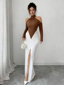 Gloray Autumn/Winter New Black & White Color Block Patchwork Design, Sexy High Slit, Off-Shoulder Long Sleeve Ruched Bodycon Maxi Dress, Elegant For Party, Gala, Wedding, Halloween, Christmas - Brown - View 5