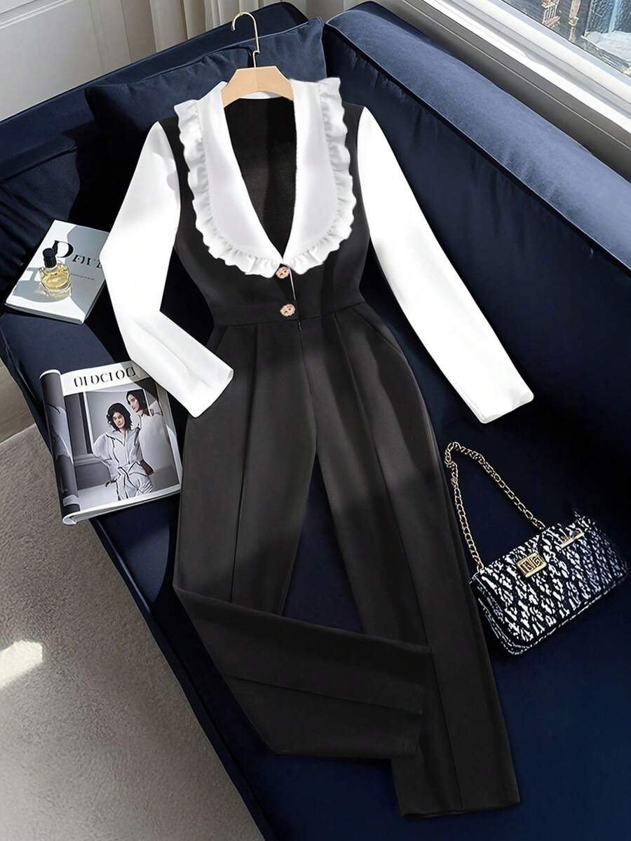 SHEIN Franclia Elegant Black And White Autumn Office Jumpsuit,Deep V-Neck Ruffle Collar Long Sleeve Colorblock 2 In 1 Stretchy Knit Fabric Fitted Professional Sets - Black and White - View 1